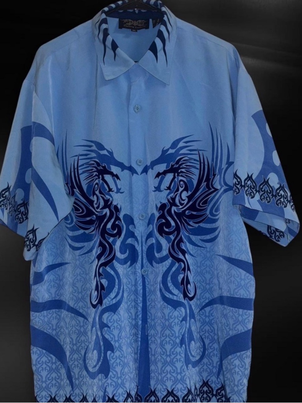 Light Blue Button-Up Shirt with Black and Dark Blue Tribal Design